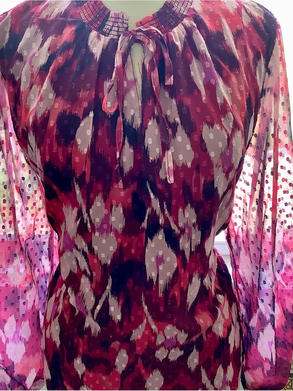 Tribal Jeans ,Tie-Neck Printed Blouse in Red and Pink